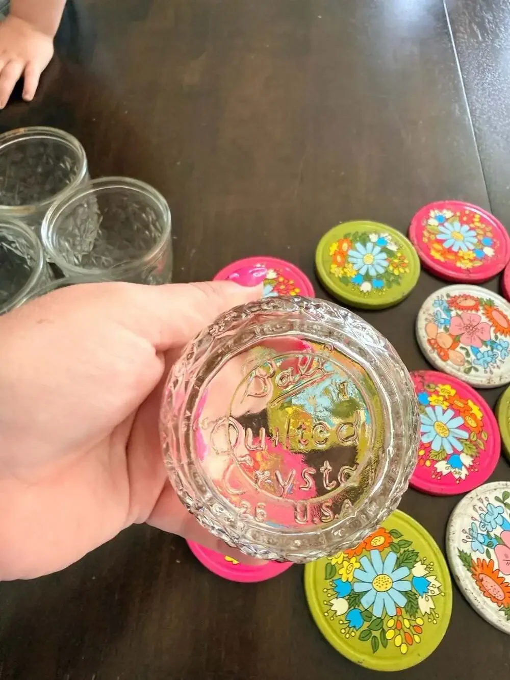 Set of 10 Vintage Ball Quilted Crystal Glass Jelly Jars with Floral Metal Lids
